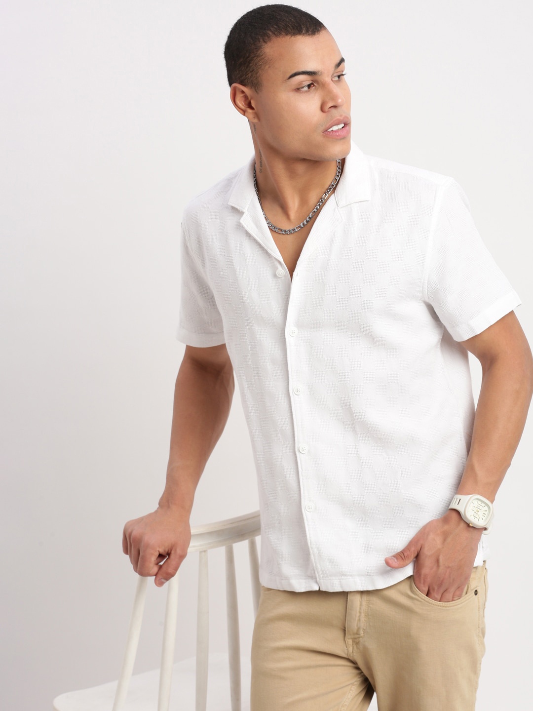 

SHOWOFF Premium Relaxed Fit Cuban Collar Cotton Casual Shirt, White