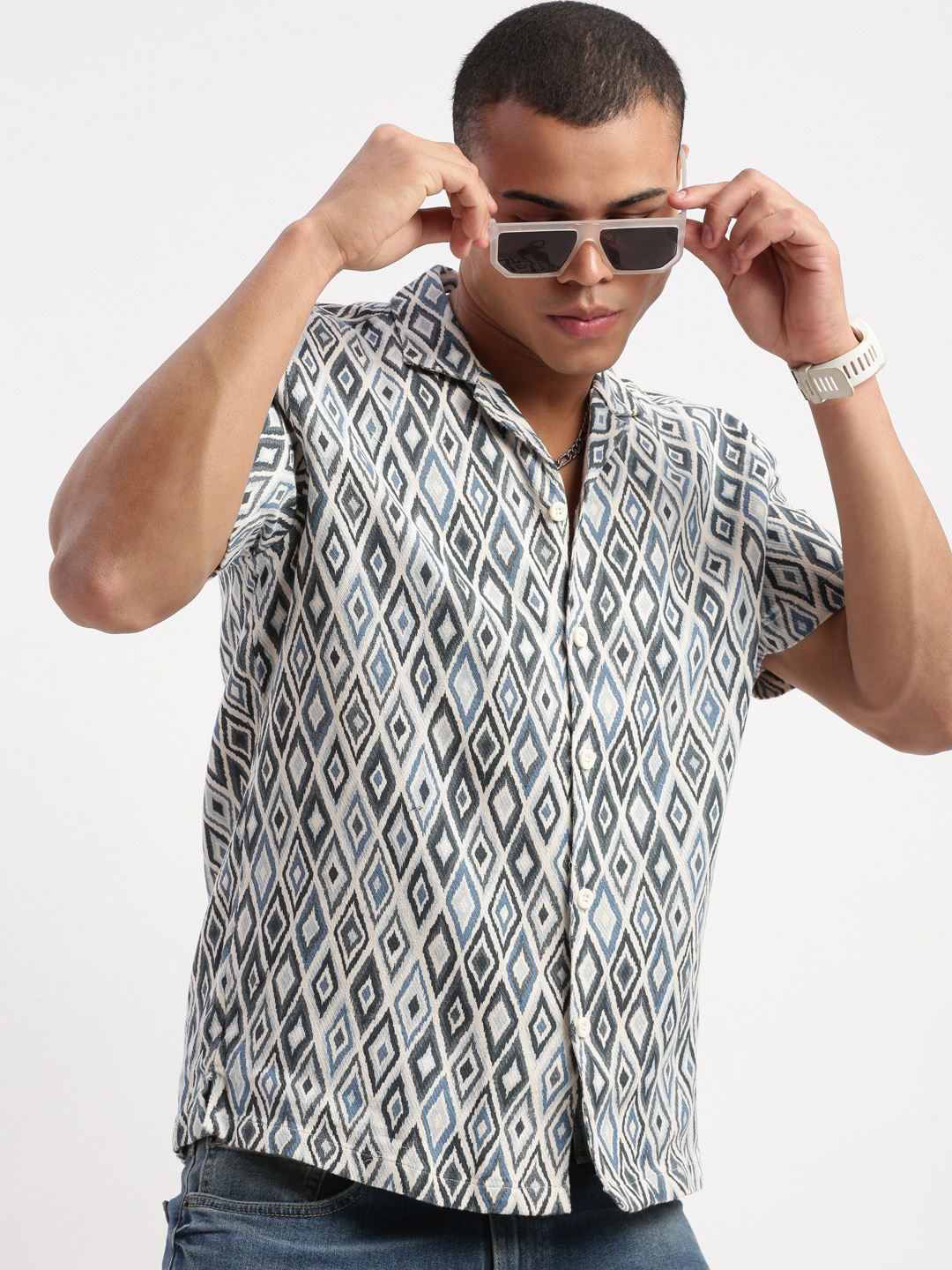 

SHOWOFF Premium Relaxed Fit Printed Spread Collar Short Sleeves Cotton Casual Shirt, Teal