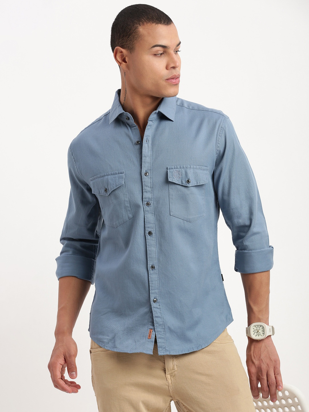 

SHOWOFF Standard Slim Fit Cotton Twill Casual Shirt, Blue