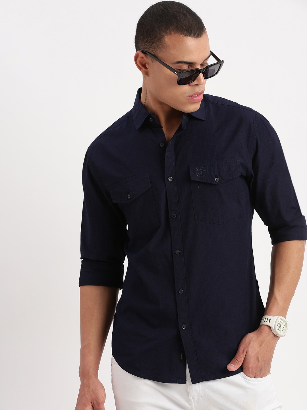

SHOWOFF Standard Slim Fit Spread Collar Cotton Shirt, Navy blue