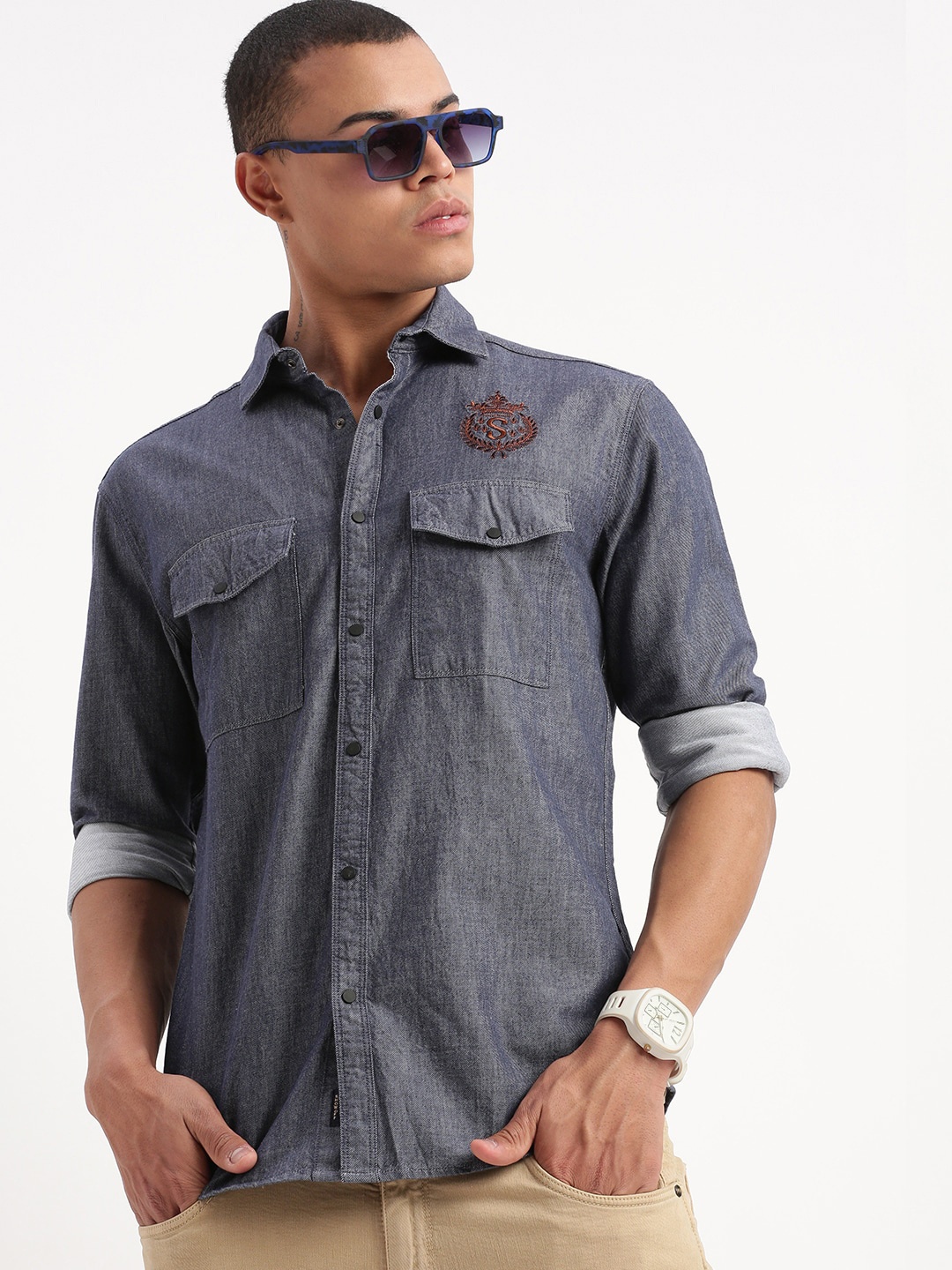 

SHOWOFF Standard Slim Fit Spread Collar Twill Weave Cotton Shirt, Navy blue