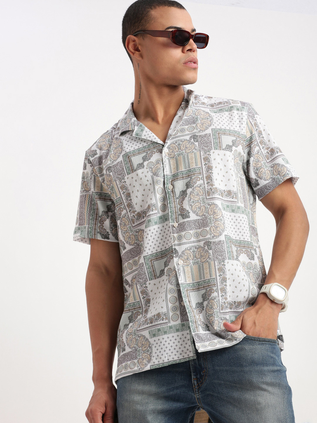 

SHOWOFF Premium Relaxed Fit Printed Spread Collar Short Sleeves Cotton Casual Shirt, Off white