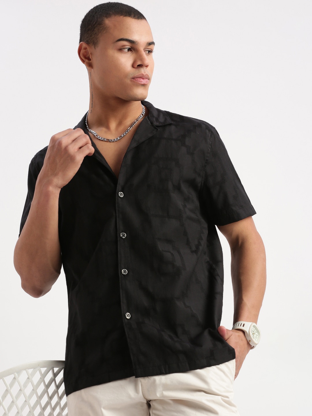 

SHOWOFF Premium Relaxed Fit Abstract Printed Cuban Collar Cotton Casual Shirt, Black