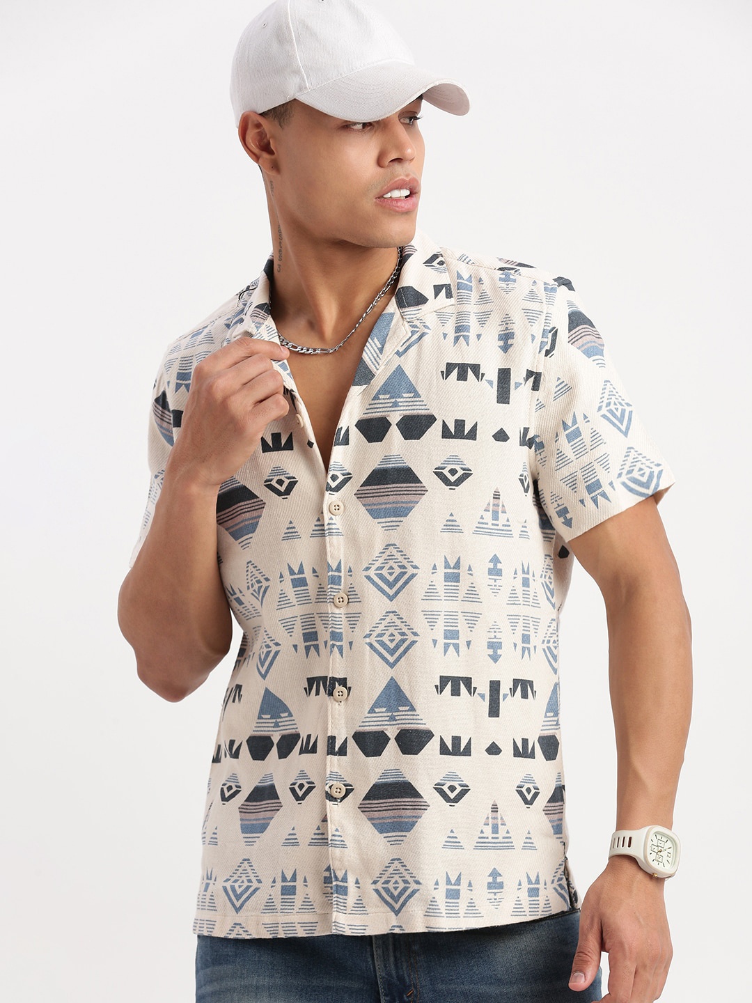 

SHOWOFF Premium Relaxed Fit Printed Cotton Casual Shirt, Cream