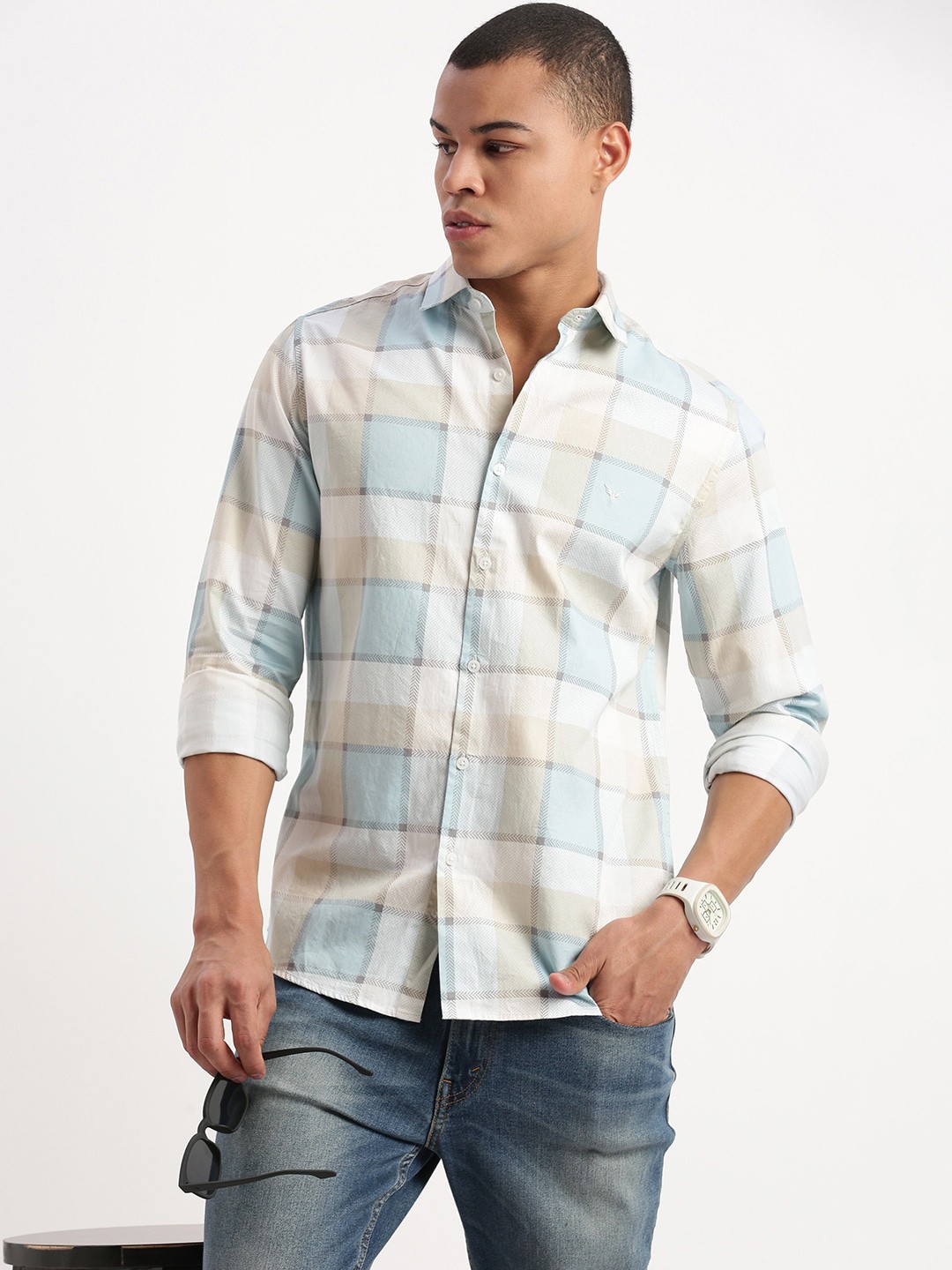 

SHOWOFF Standard Slim Fit Cotton Checked Casual Shirt, Cream