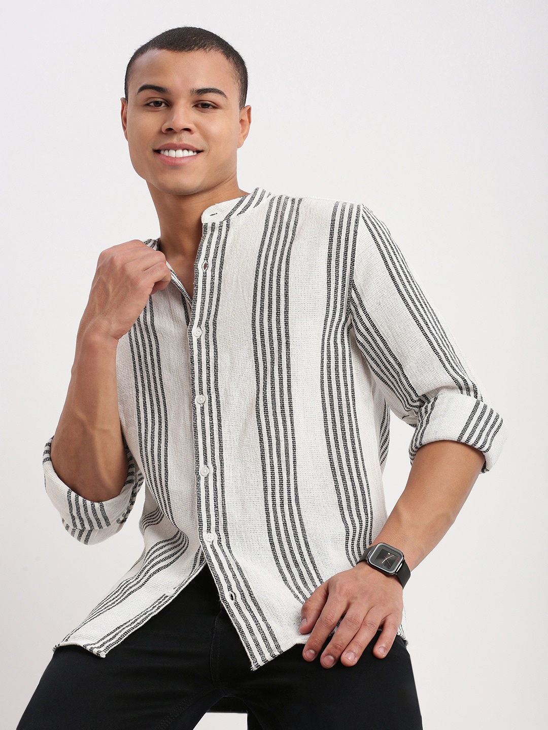 

SHOWOFF Standard Slim Fit Striped Cotton Casual Shirt, White