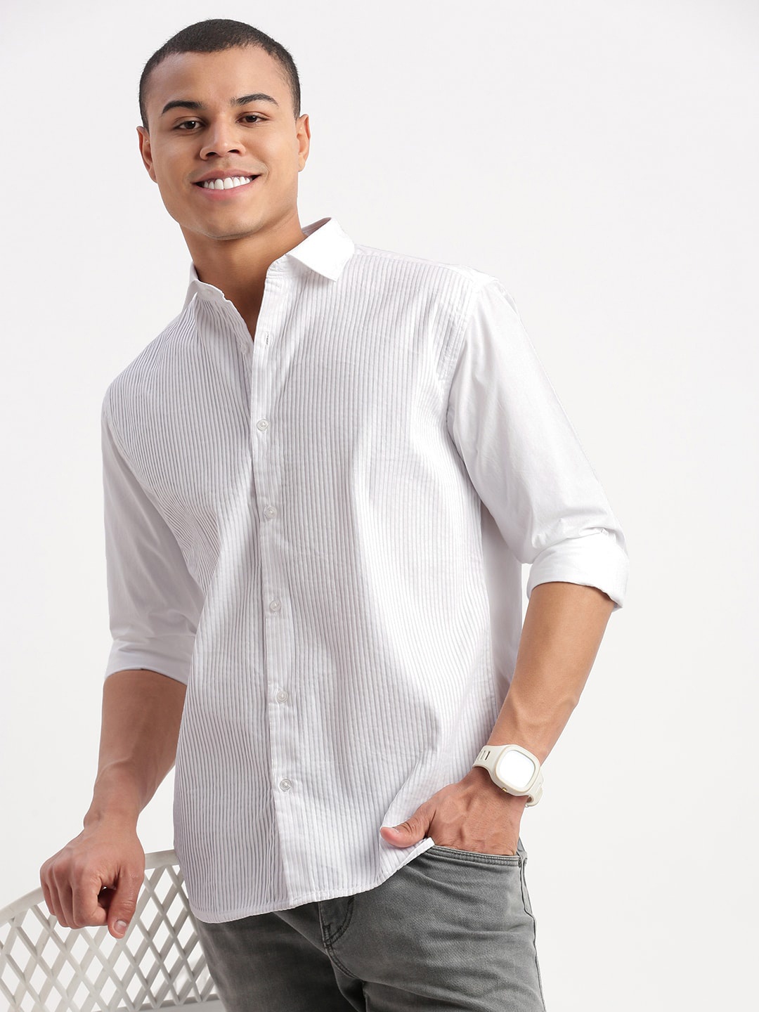 

SHOWOFF Premium Vertical Stripes Pin Tucks Slim Fit Cotton Casual Shirt, White