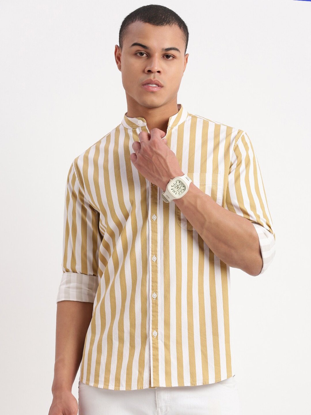 

SHOWOFF Men Standard Slim Fit Vertical Stripes Mandarin Collar Casual Shirt, Khaki