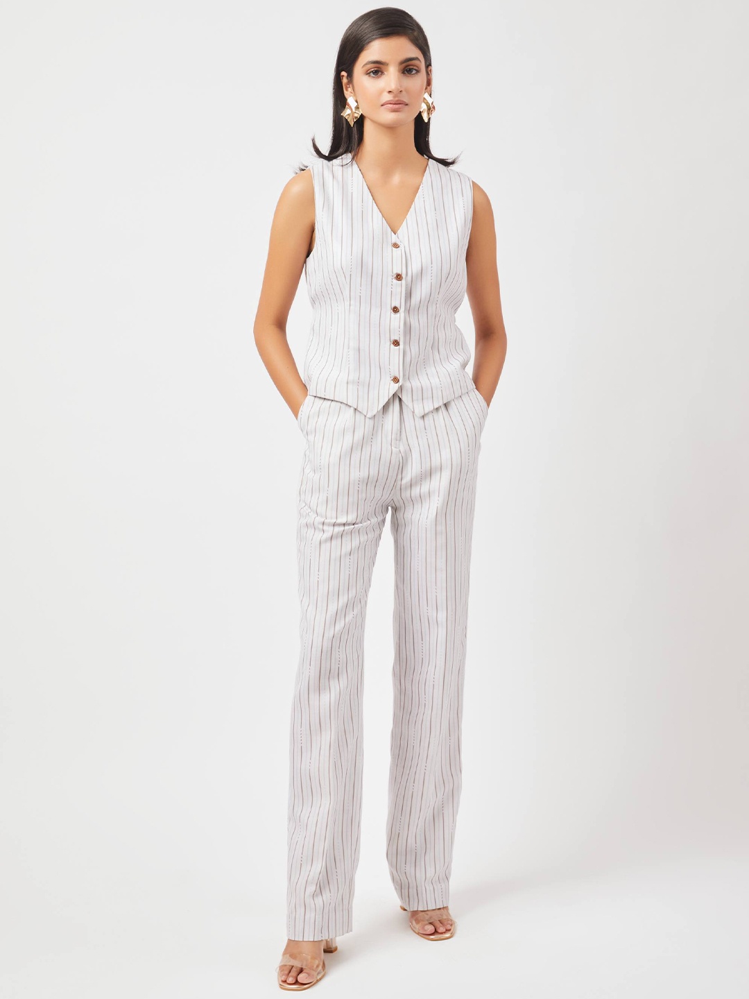 

Contemponari Striped Waistcoat With Trousers Co-Ords, White