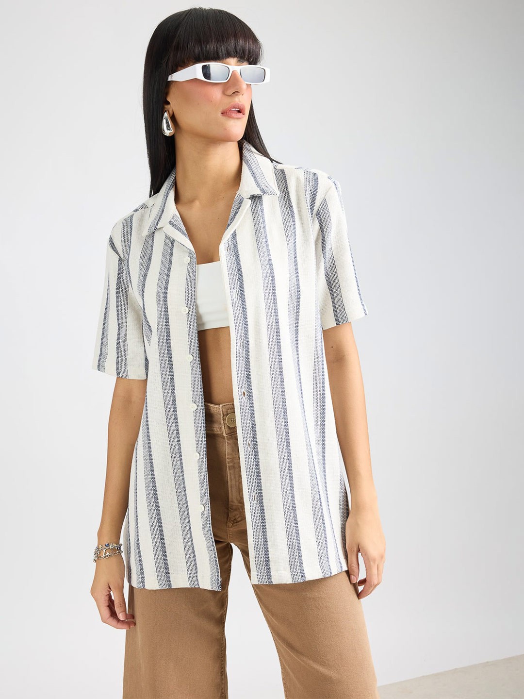 

FREAKINS Striped Spread Collar Short Sleeves Cotton Casual Shirt, White