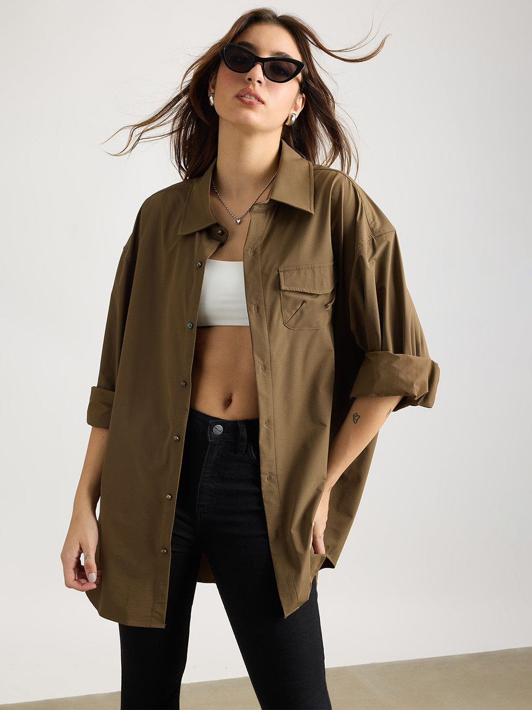 

FREAKINS Spread Collar Long Sleeves Casual Shirt, Brown
