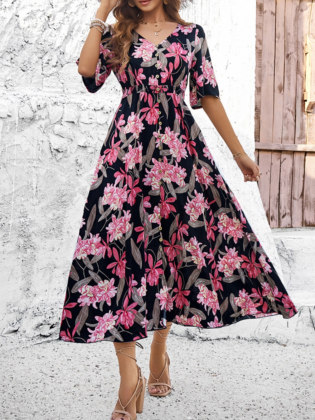 

all about you Floral Print V-Neck Fit & Flare Midi Dress, Pink