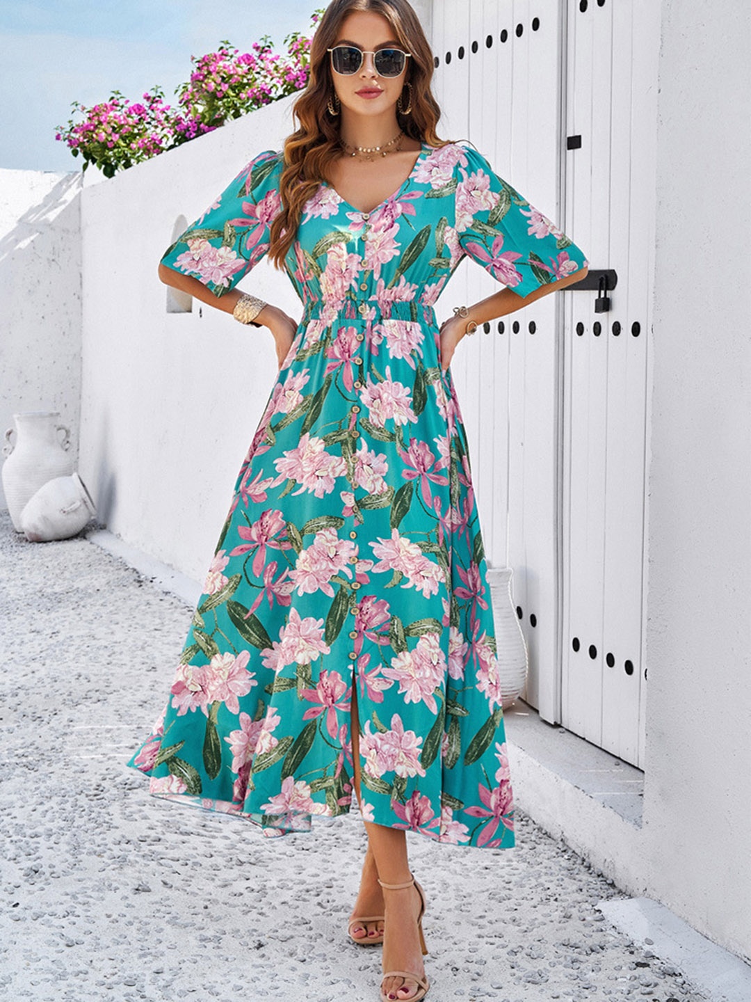

all about you Floral Print Flared Sleeves A-Line Midi Dress, Green