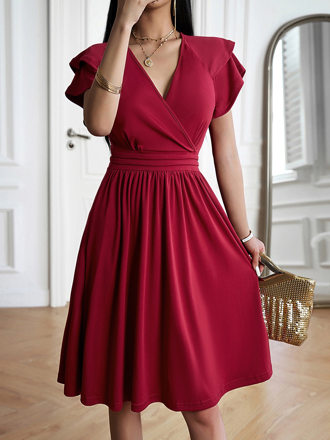 

all about you V-Neck Flutter Sleeves Wrap Dress, Red