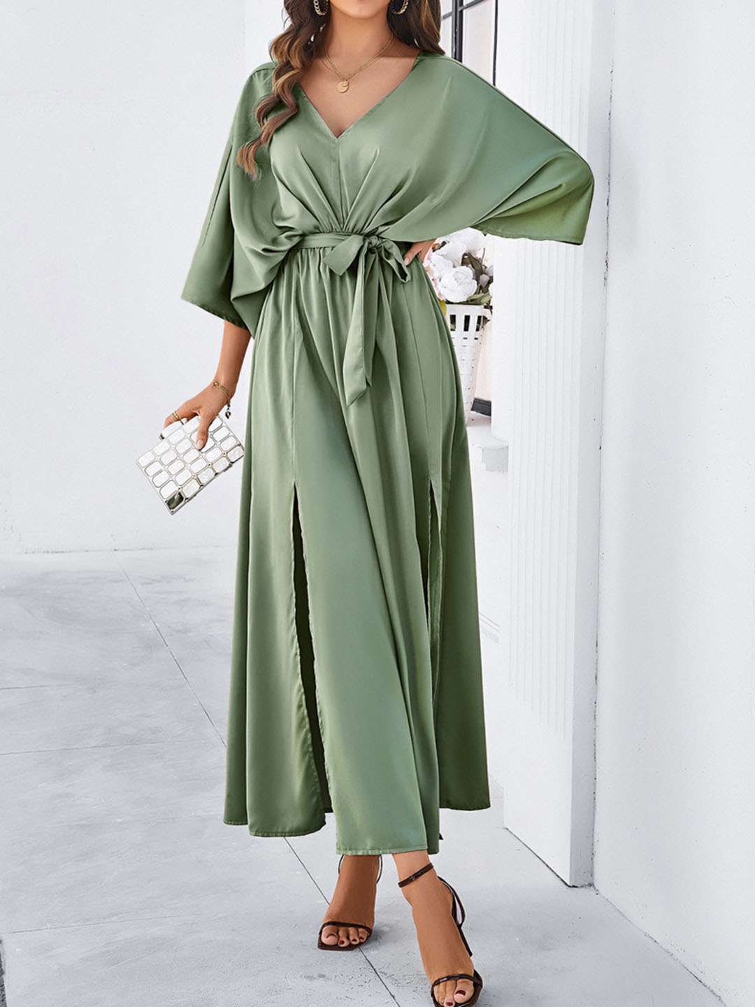 

all about you V-Neck Extended Sleeves Fit& Flare Midi Dress, Green
