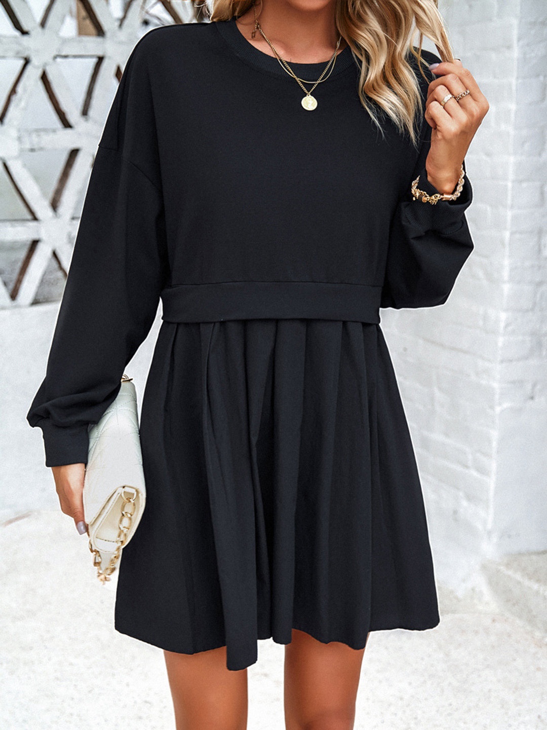 

all about you Round Neck Cuffed Sleeves Pleated Cotton Fit & Flare Dress, Black