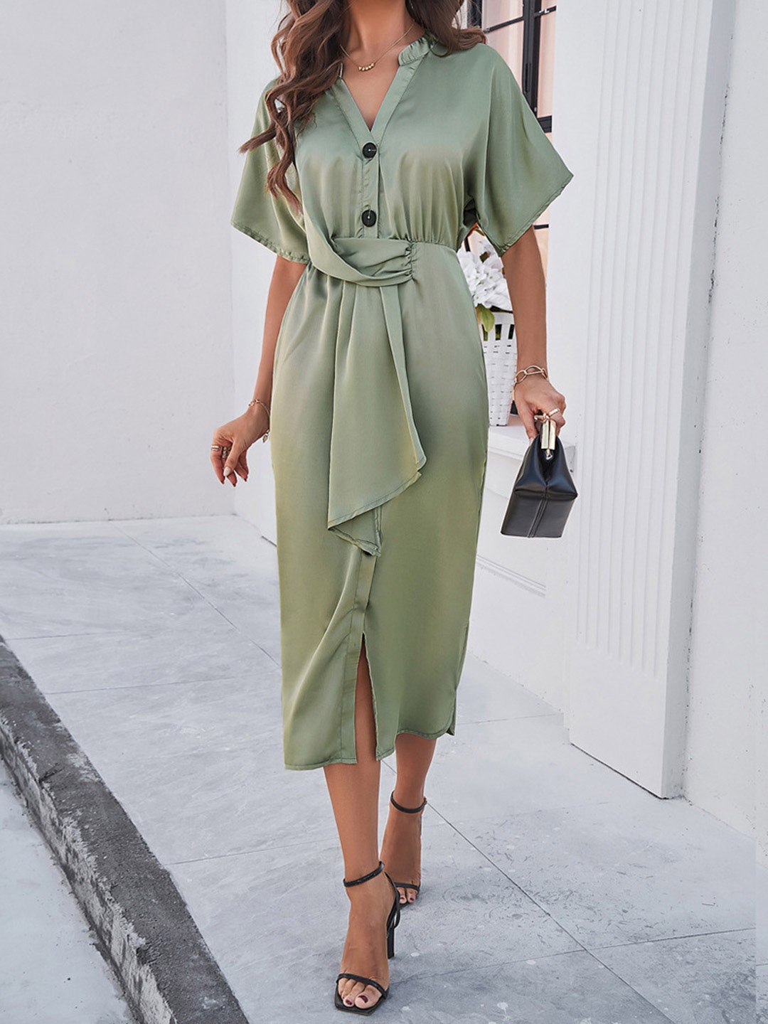 

all about you Mandarin Collar Short Extended Sleeves A-Line Midi Dress, Green