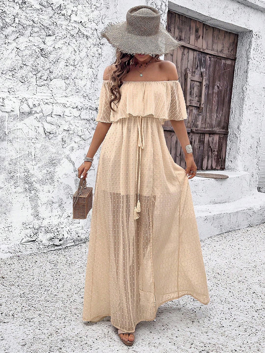 

all about you Off-Shoulder Flutter Sleeve Semi Sheer Tie-Ups Maxi Dress, Beige