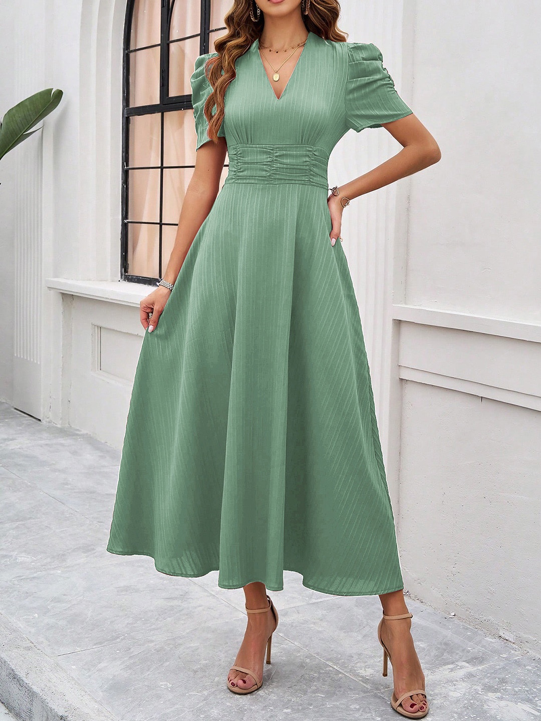 

all about you Green V-Neck Puff Sleeve Gathered Fit & Flare Midi Dress