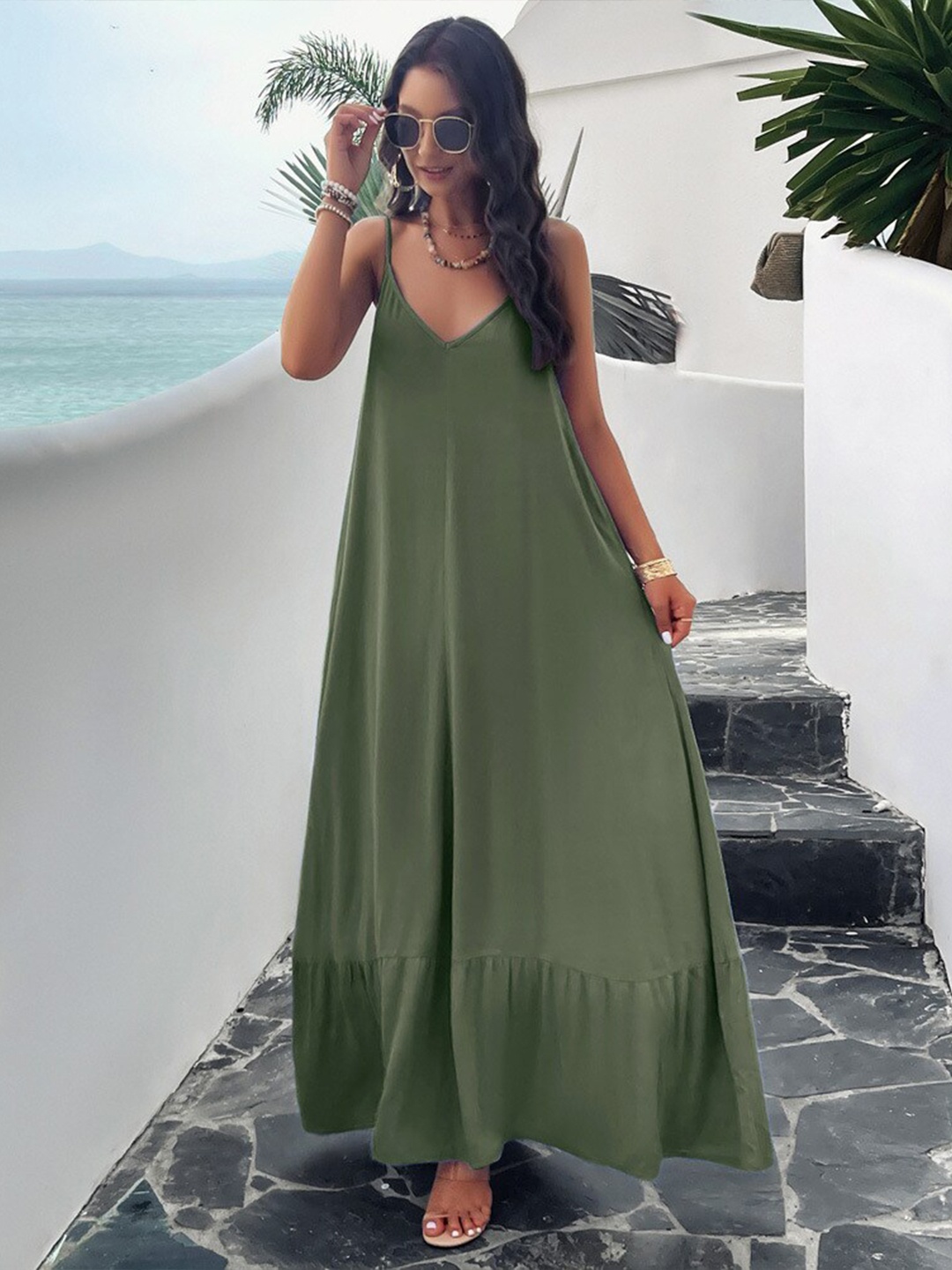 

all about you V-Neck Shoulder Straps Flared Maxi Dress, Green