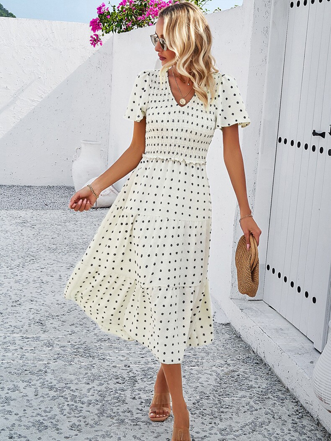 

all about you Floral Print V-Neck Flared Sleeves Smocked Tiered Fit & Flare Midi Dress, Off white