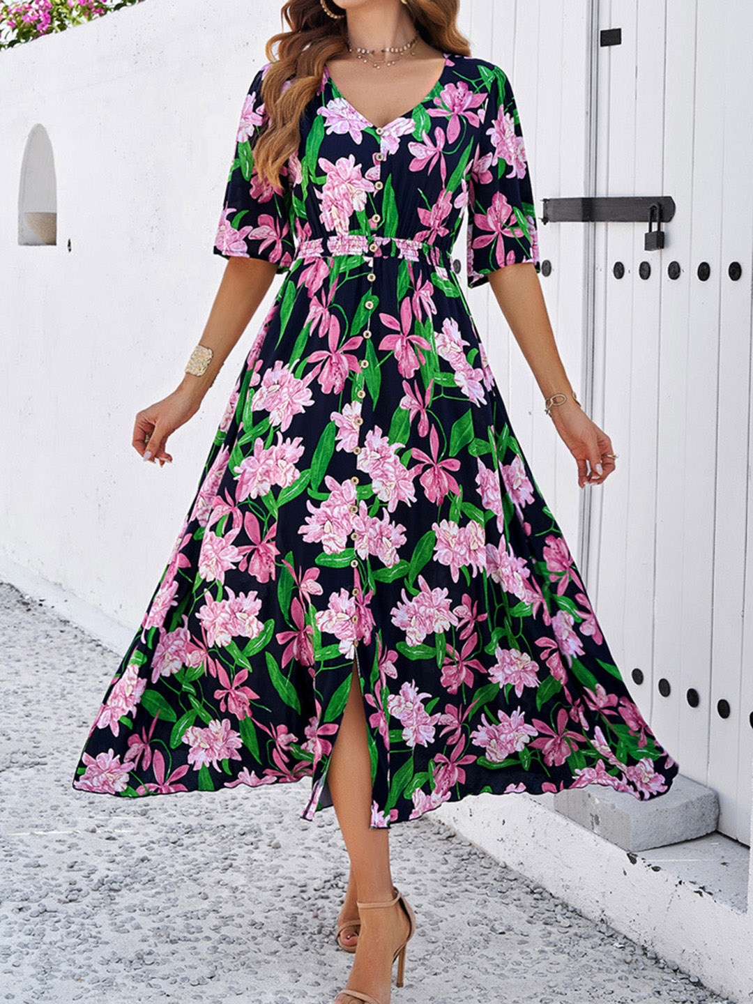 

all about you Floral Print Fit & Flare Midi Dress, Navy blue