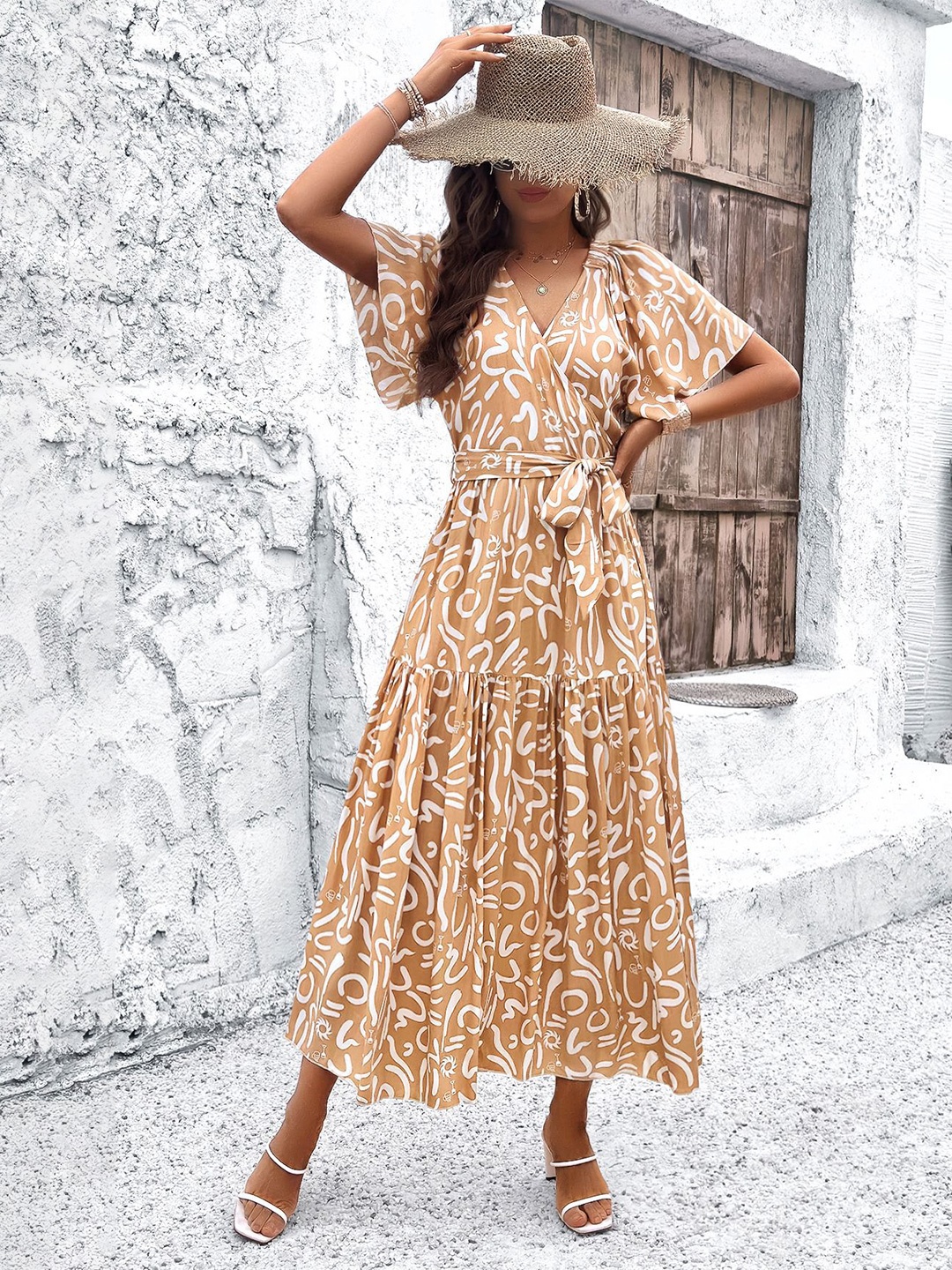 

all about you Abstract Print V-Neck Flutter Sleeve Belted Tiered Fit & Flare Midi Dress, Khaki