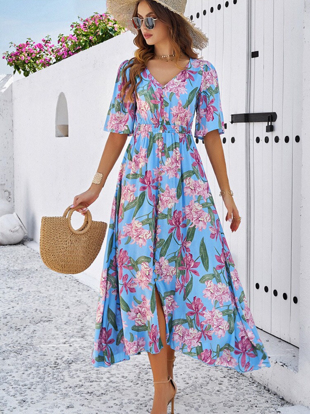 

all about you Floral Print Flared Sleeves Smocked Fit & Flare Midi Dress, Blue