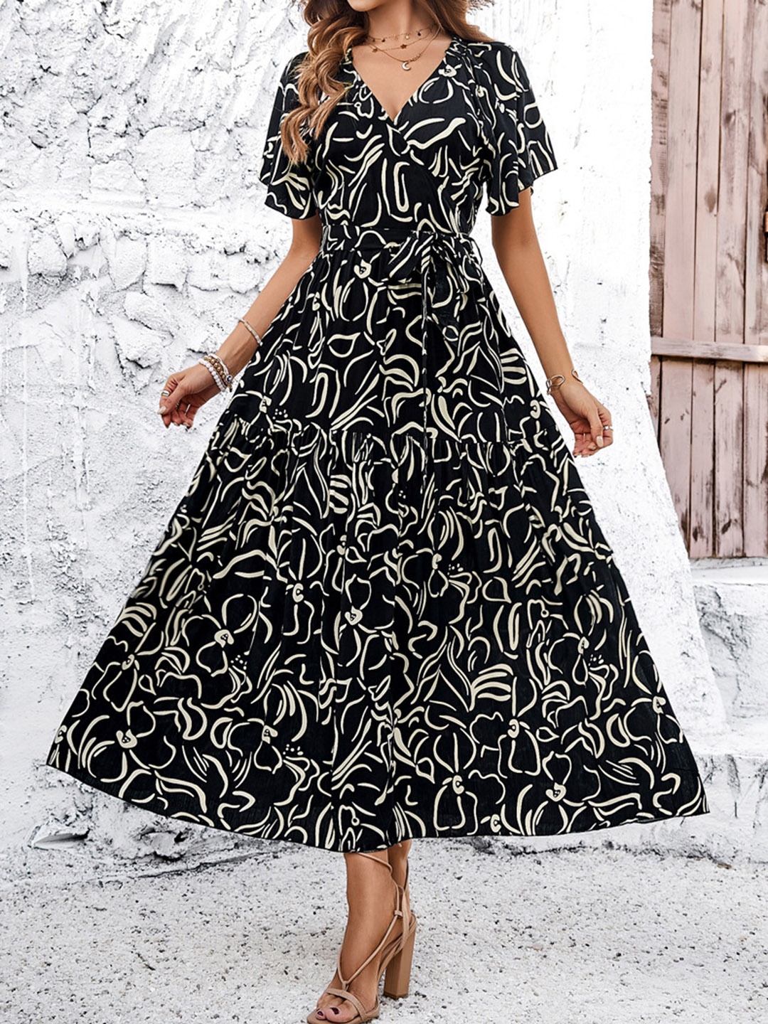 

all about you Black Abstract Printed V-Neck Maxi Dresss