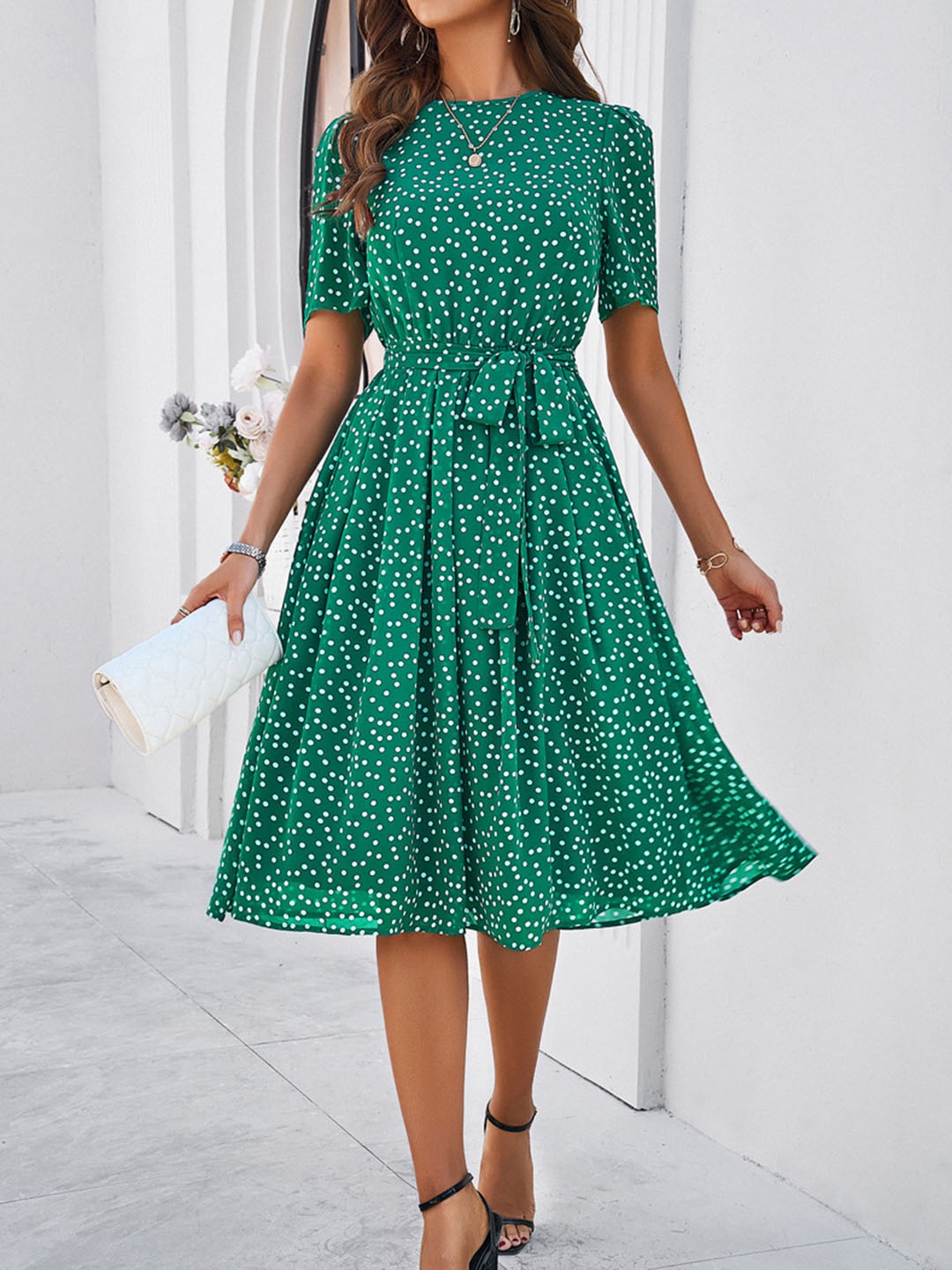 

all about you Green Polka Dots Printed Flared Tie-Up Neck Fit & Flare Midi Dress