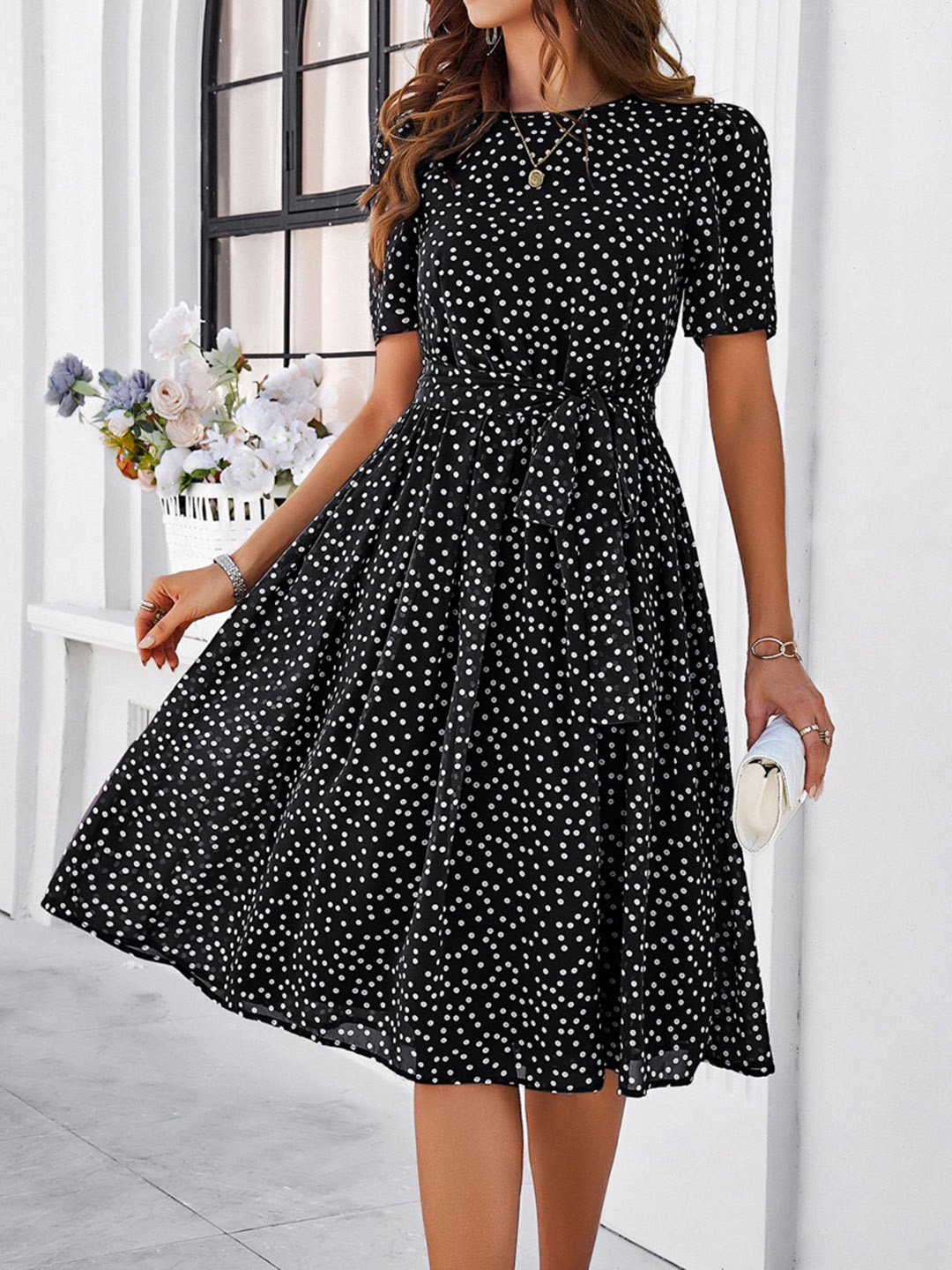 

all about you Black Polka Dots Printed Flared Fit & Flare Dress