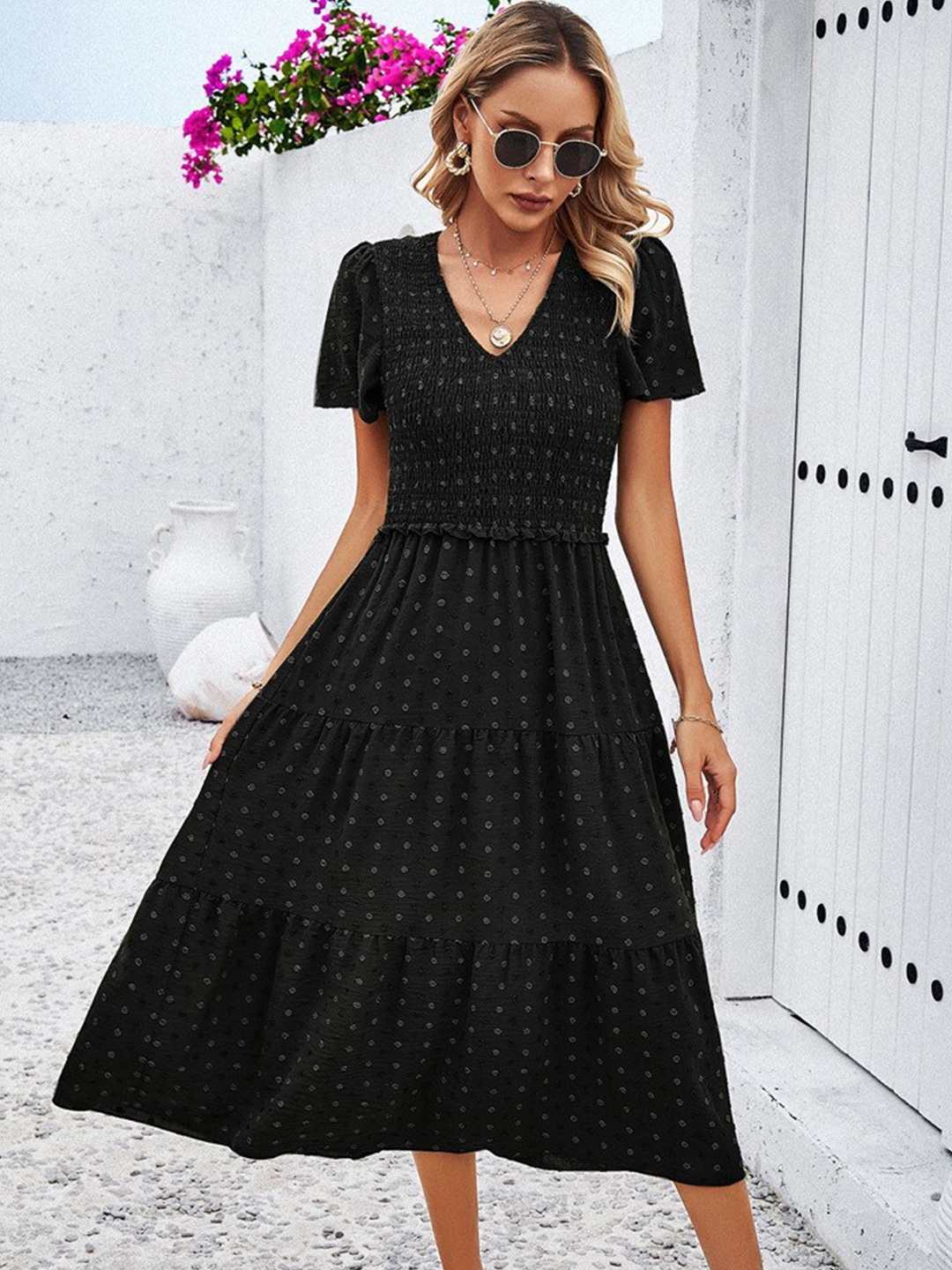 

all about you Polka Dots Print V-Neck Flutter Sleeves Smocked Tiered Flared Midi Dress, Black