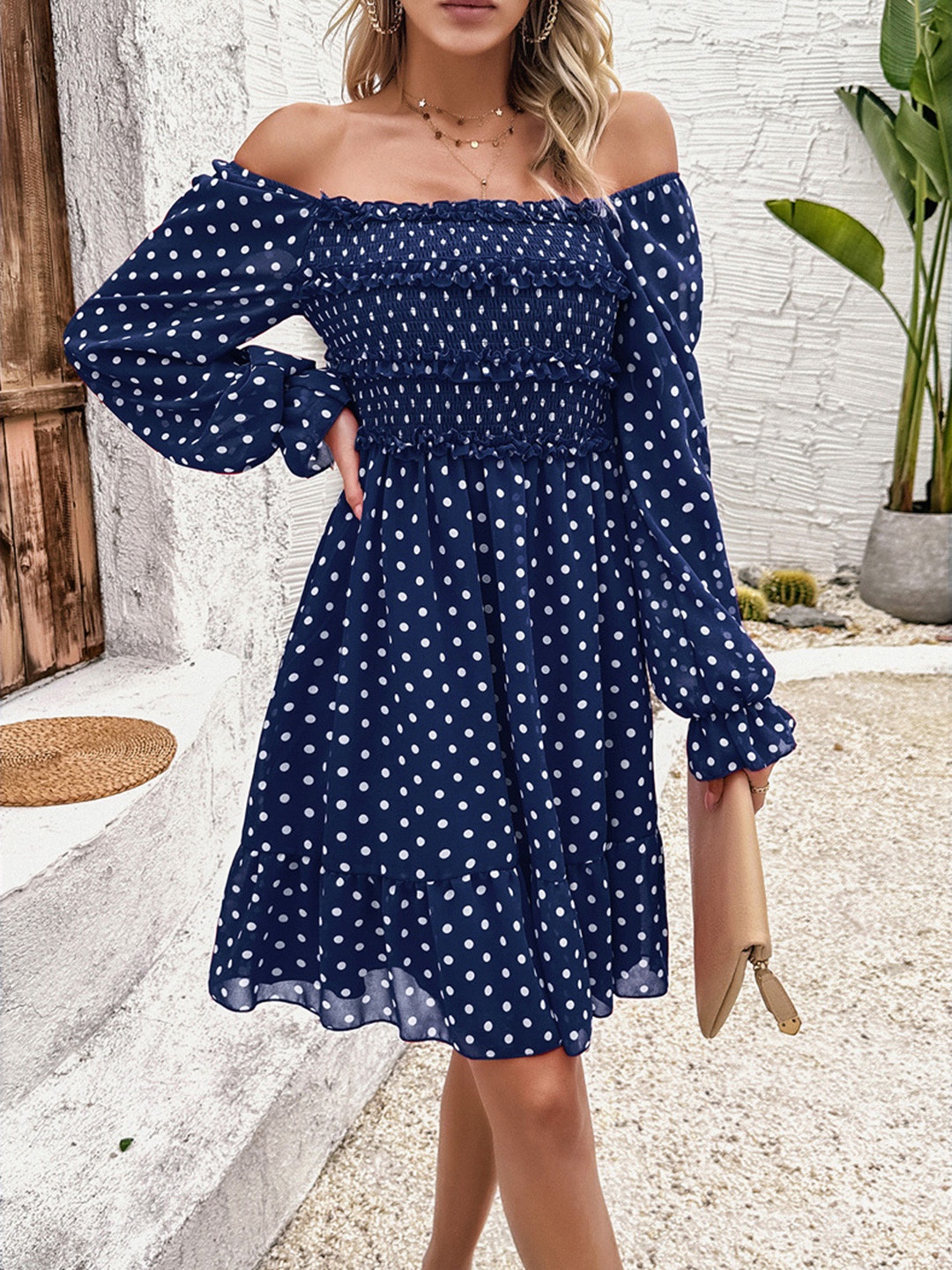 

all about you Polka Dots Printed Square Neck Flared Puff Sleeve Fit & Flare Dress, Navy blue