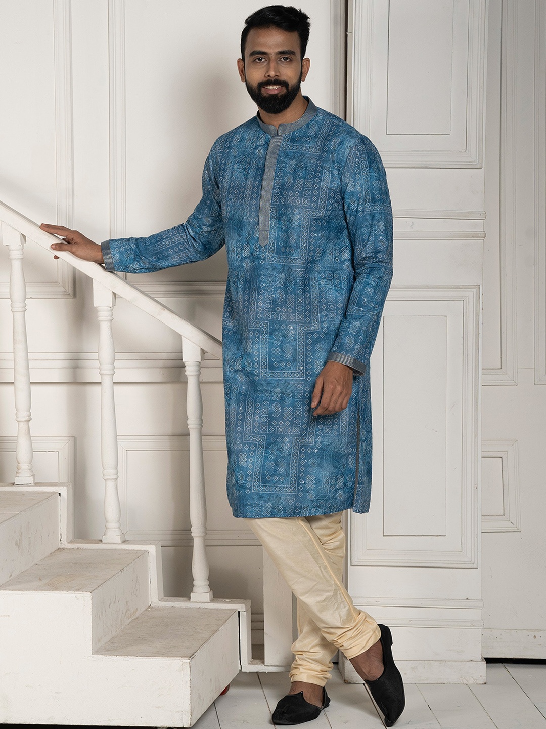 

KHAAS Floral Long Sleeves Mandarin Collar Cotton Checked Indie Florals Kurta, Blue