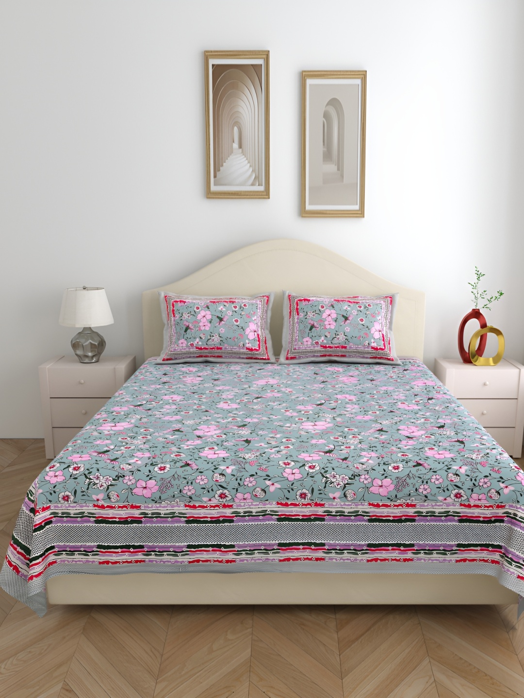 

SHOOLIN Blue & Pink Floral Printed Cotton 162 TC Queen Bedsheet With 2 Pillow Covers