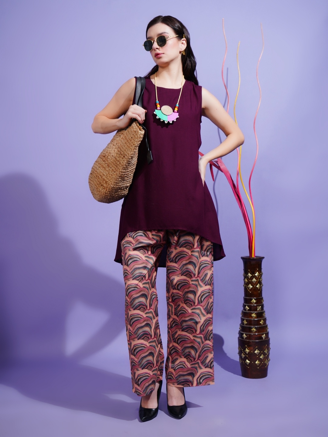 

Boholyfe Printed Round Neck Top & Palazzos, Maroon