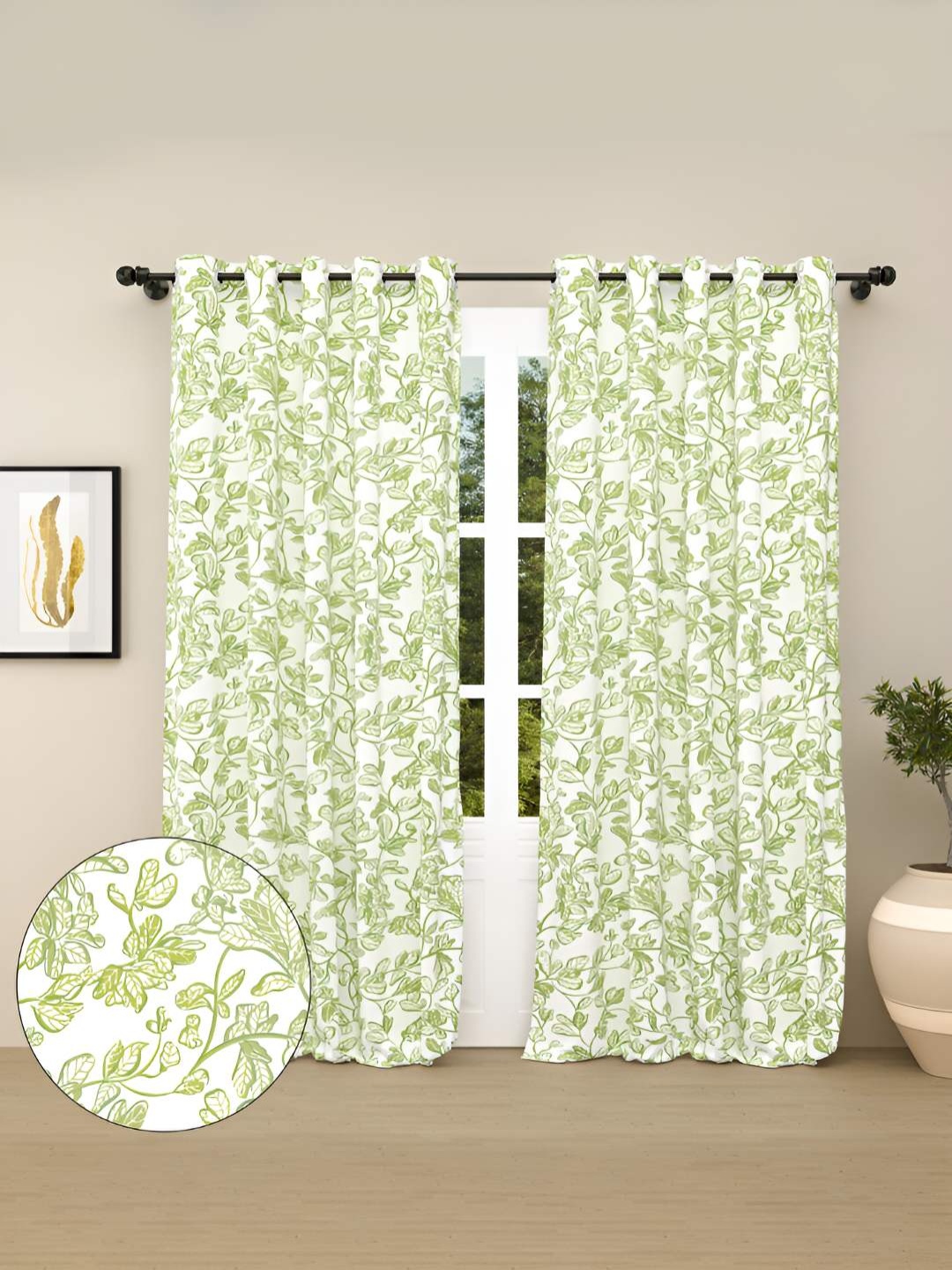 

haus & kinder Green & White 2 Pieces Floral Pure Cotton Room Darkening Window Curtains