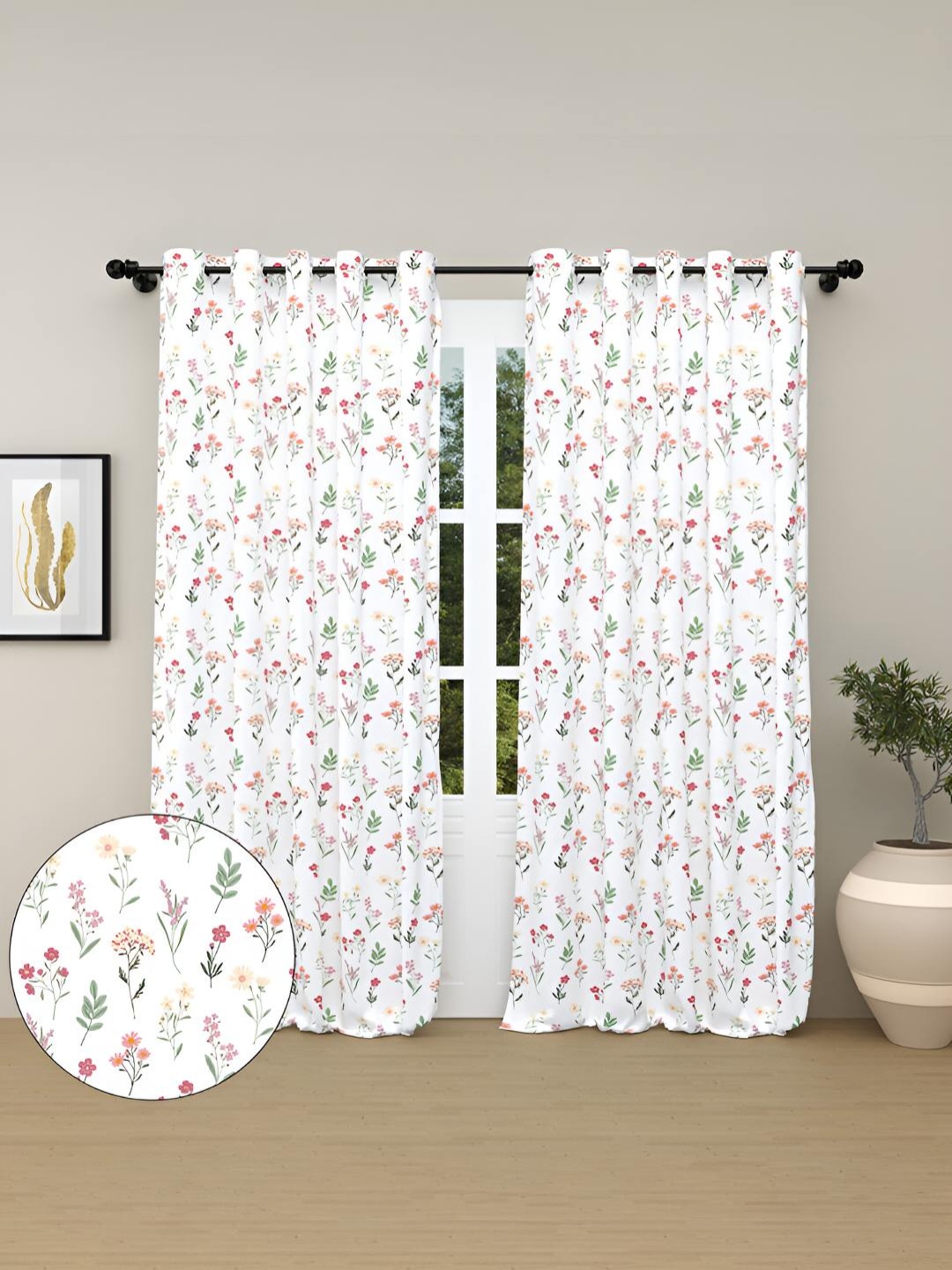 

haus & kinder Red & White 2 Pieces Floral Pure Cotton Room Darkening Door Curtains