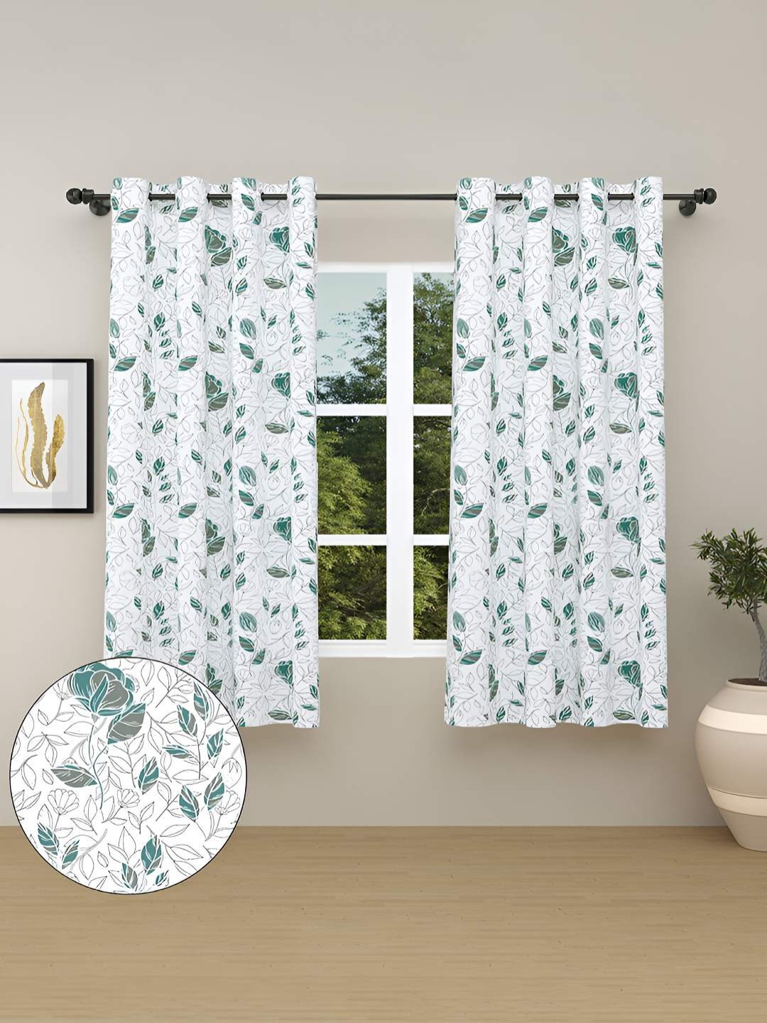 

haus & kinder Blue & White 2 Pieces Floral Printed Cotton Room Darkening Window Curtains