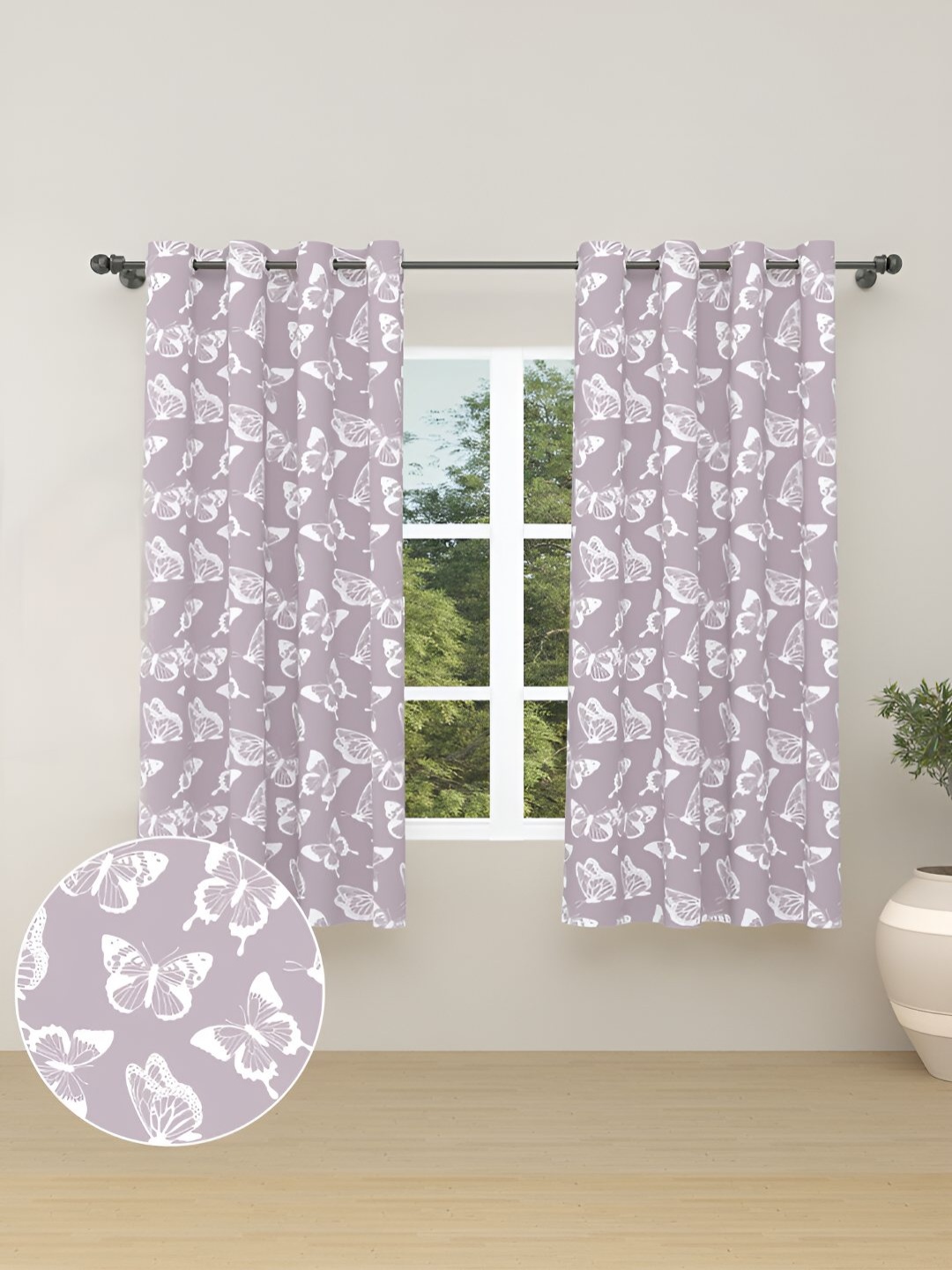 

haus & kinder Purple & White 2 Pieces Self Design Cotton Room Darkening Window Curtains