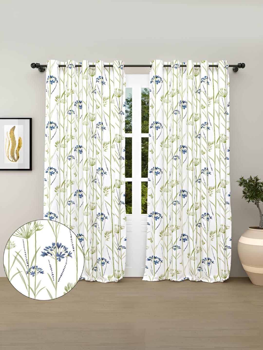 

haus & kinder Blue & White 2 Pieces Floral Pure Cotton Room Darkening Door Curtains