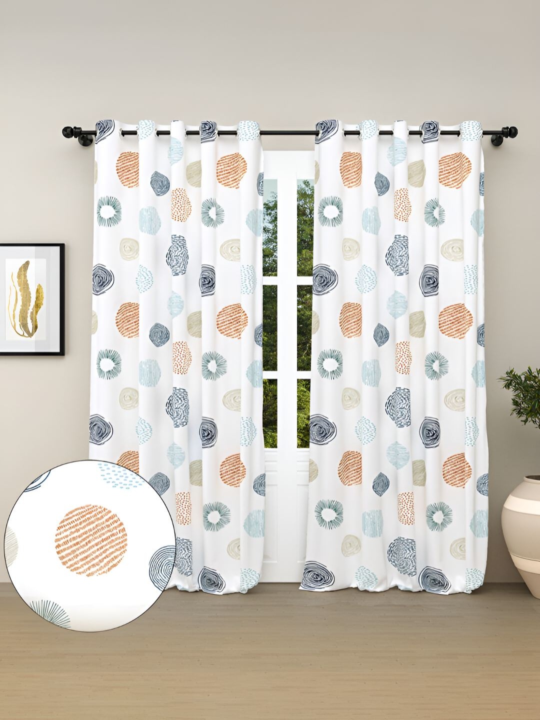 

haus & kinder Navy Blue & White 2 Pieces Floral Pure Cotton Room Darkening Window Curtains
