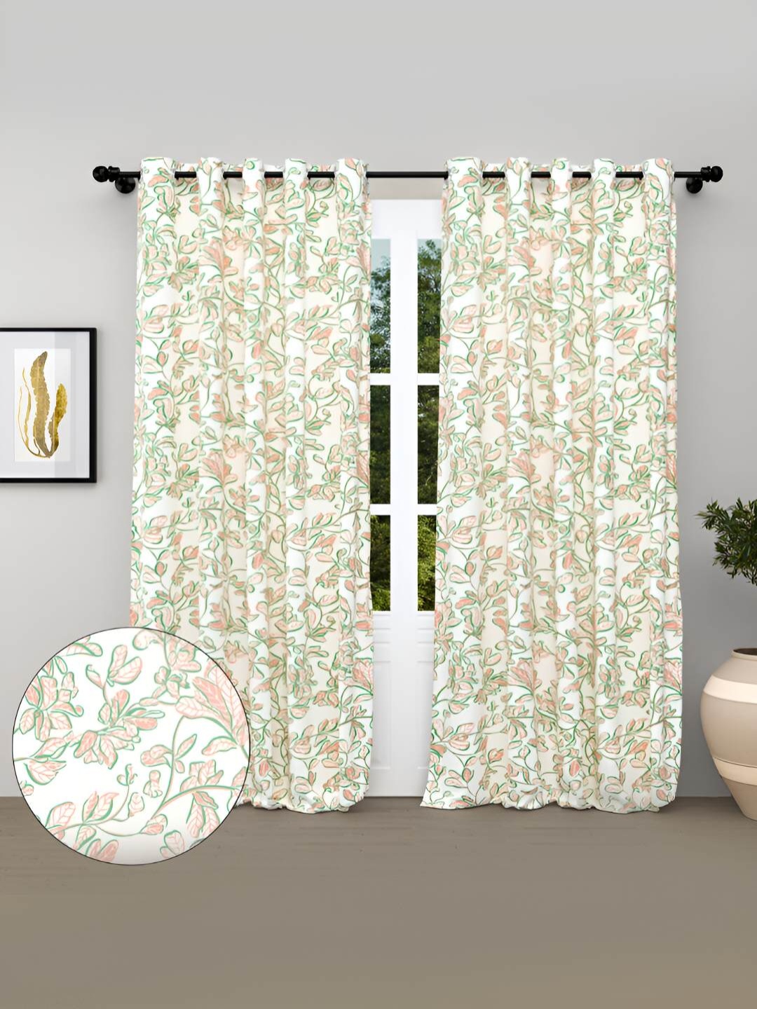 

haus & kinder Pink & White 2 Pieces Floral Pure Cotton Room Darkening Door Curtains