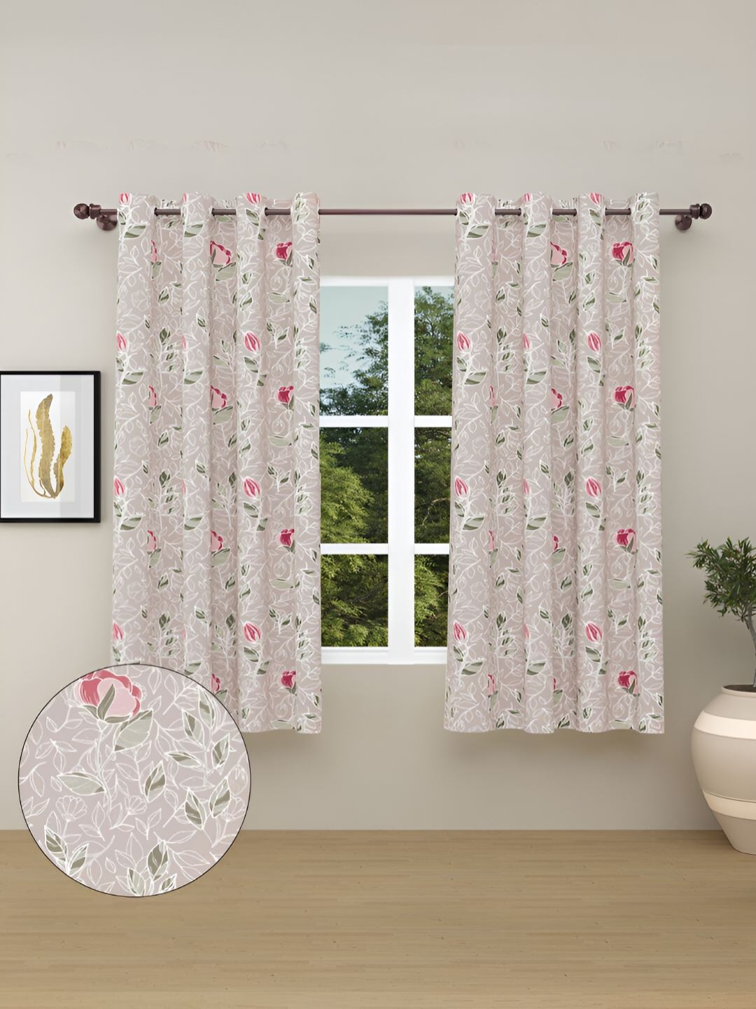 

haus & kinder Pink & Green 2 Pieces Floral Pure Cotton Room Darkening Window Curtains
