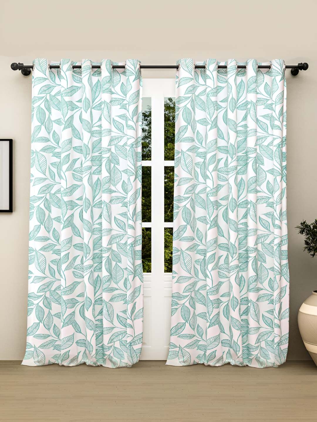 

haus & kinder Blue & White 2 Pieces Floral Pure Cotton Room Darkening Door Curtains