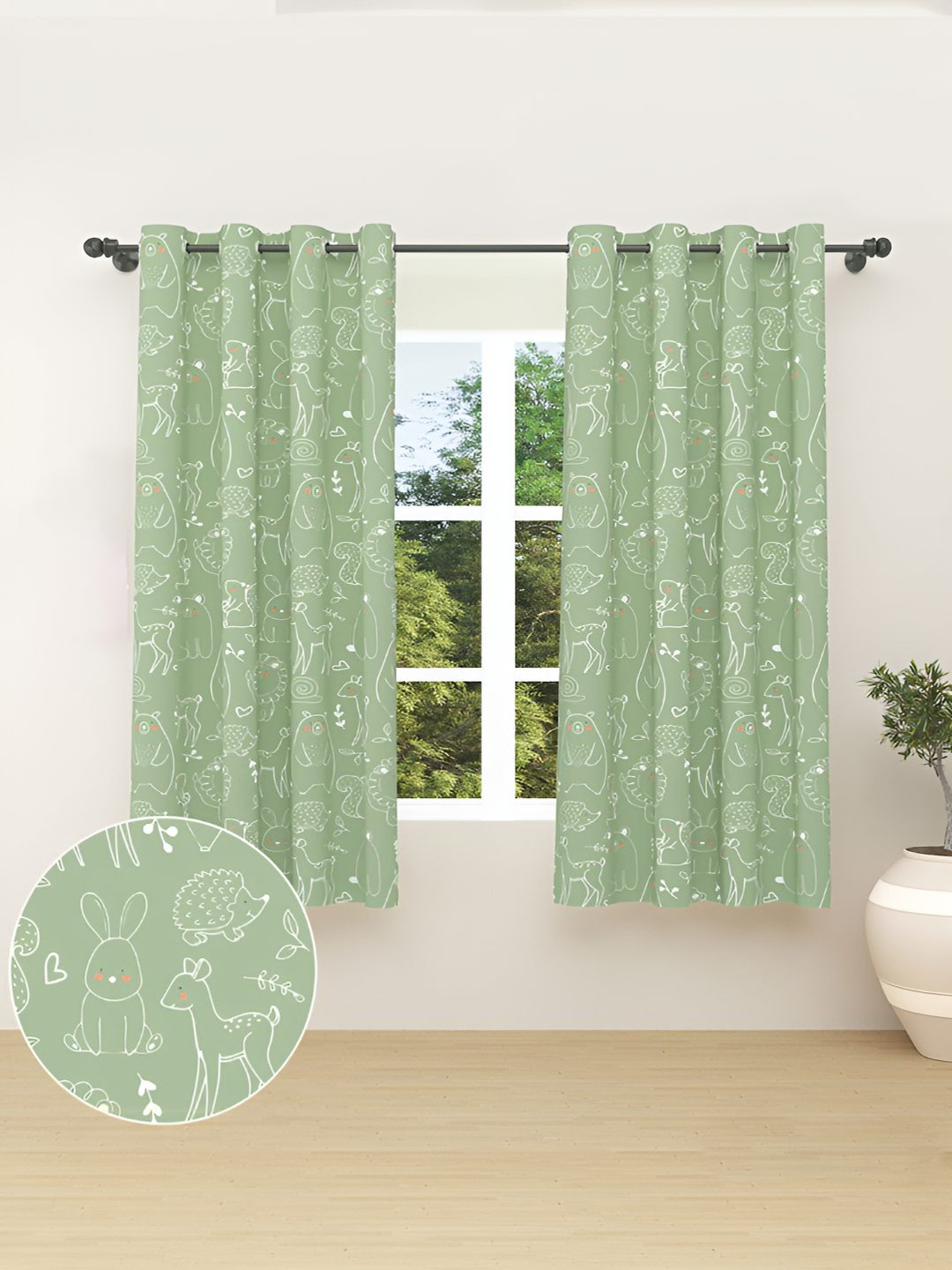 

haus & kinder Green & White 2 Pieces Quirky Cotton Room Darkening Window Curtains