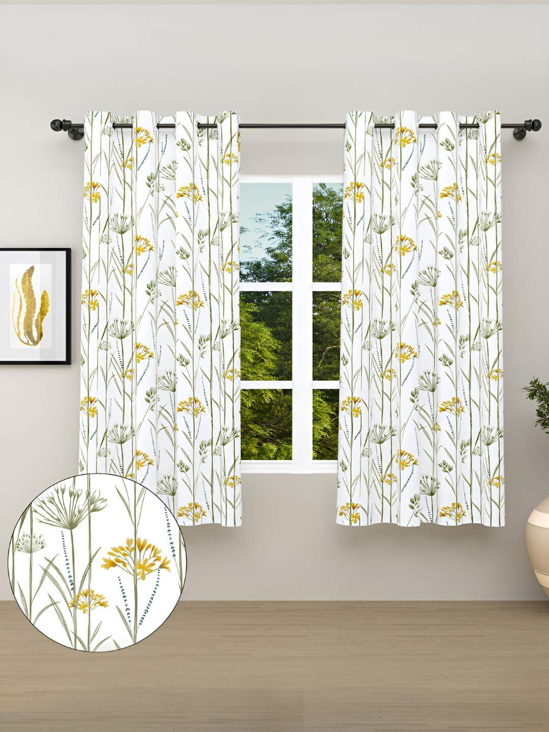 

haus & kinder Yellow & White 2 Pieces Floral Printed Cotton Room Darkening Window Curtains