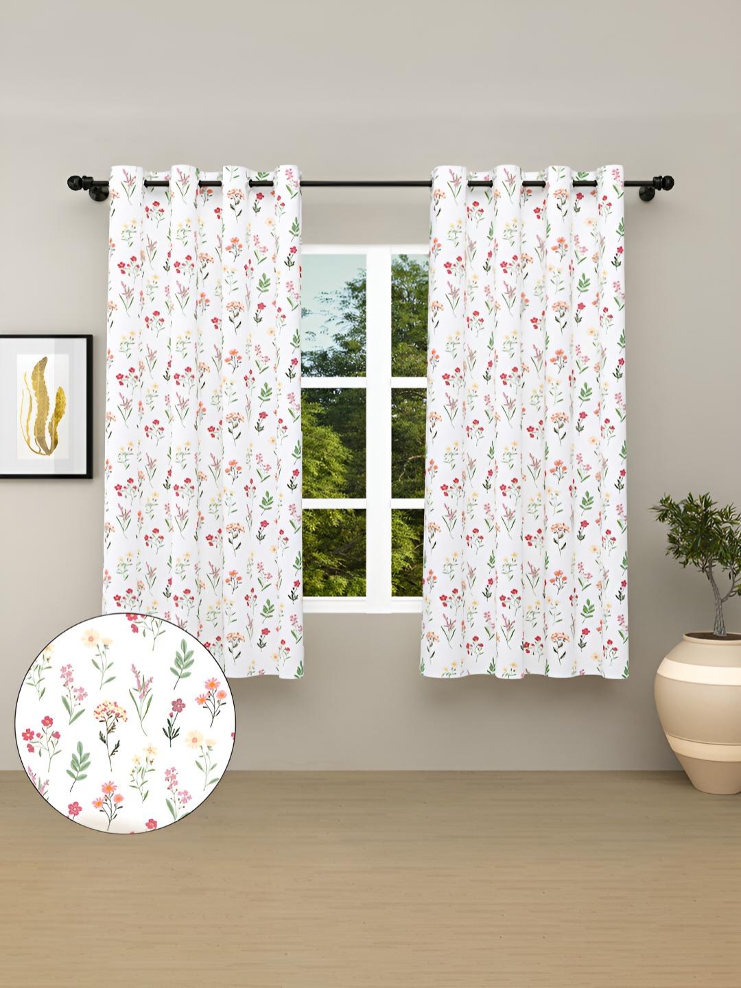 

haus & kinder Red & White 2 Pieces Floral Printed Cotton Room Darkening Window Curtains