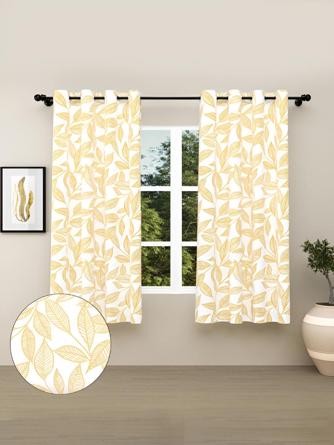 

haus & kinder Yellow & White 2 Pieces Floral Printed Cotton Room Darkening Window Curtains