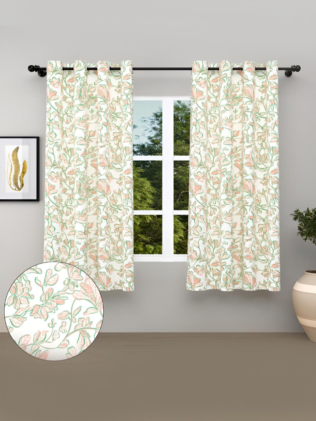 

haus & kinder Pink & White 2 Pieces Floral Pure Cotton Room Darkening Window Curtains